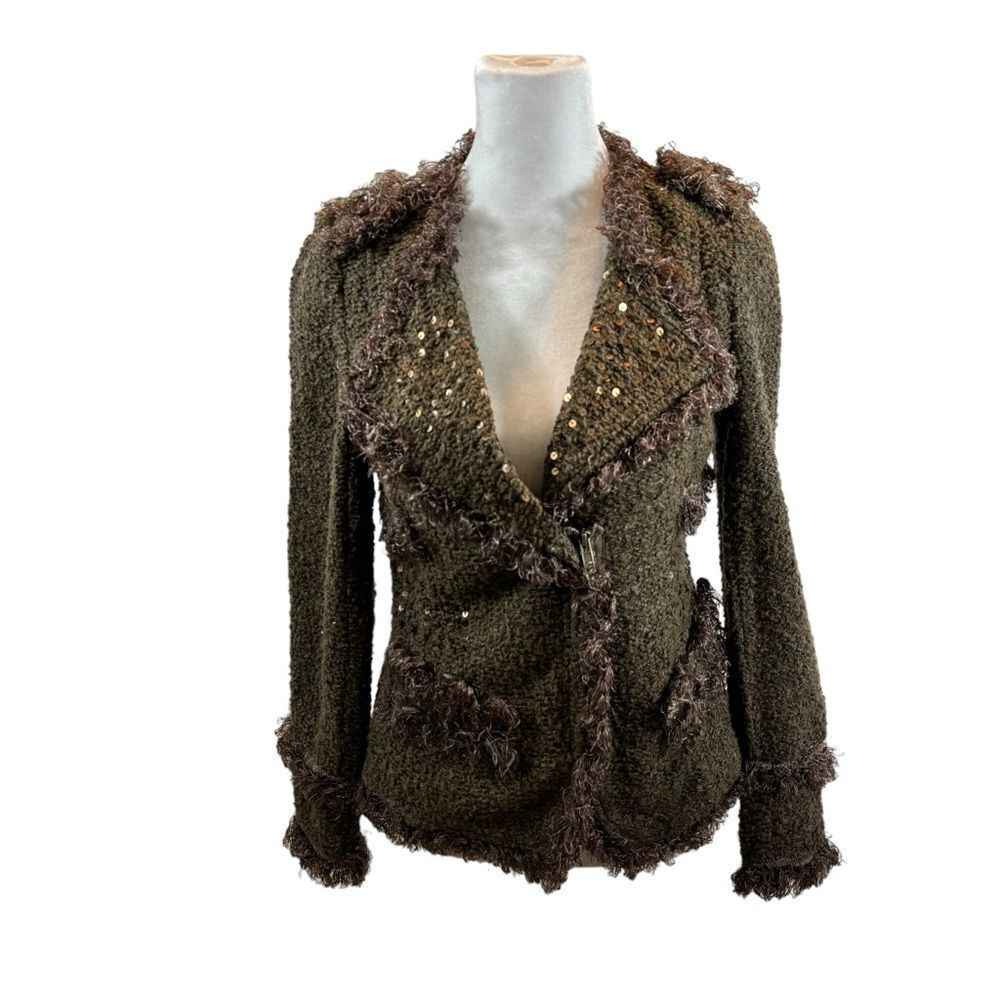 Ladies MonoReno Brand Brown Sequin Detail Zipper Front Cardigan Size Small‎